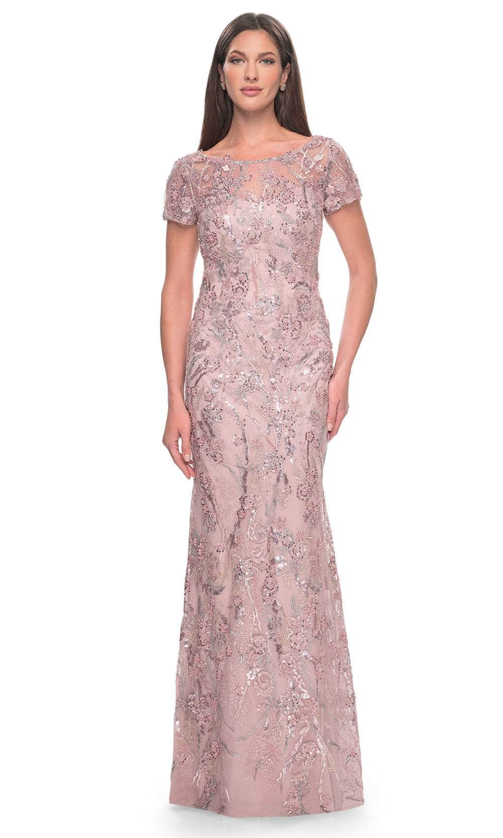 Image of La Femme 31672 - Beaded Floral Patterned Short Sleeve Evening Dress
