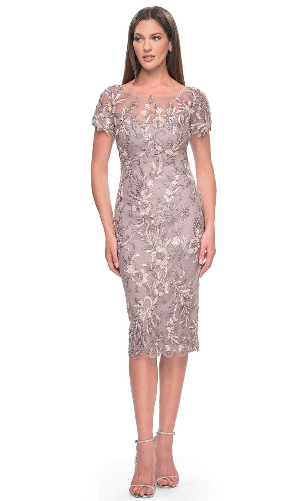 Image of La Femme 31775 - Short Sleeve Floral Lace Applique Knee-Length Dress