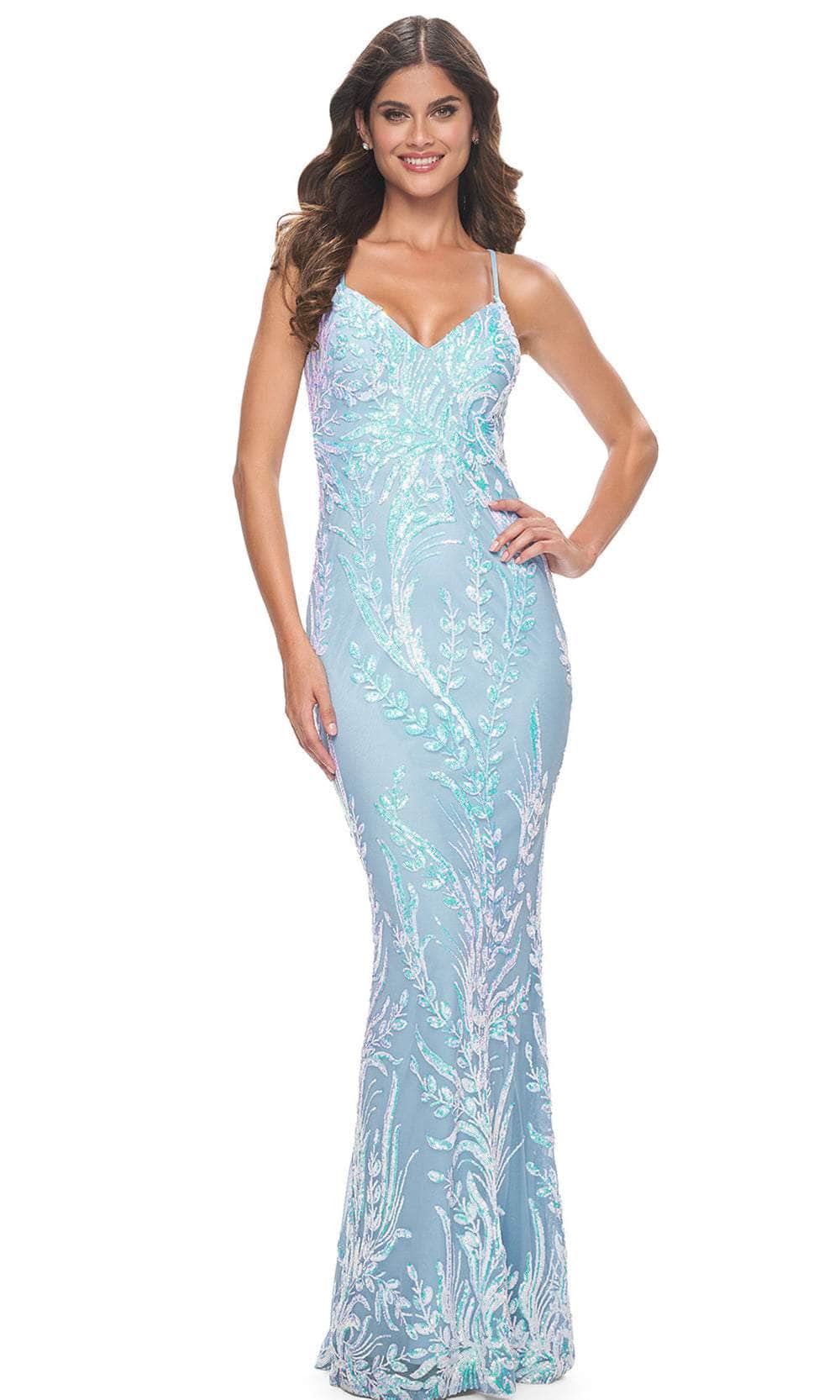 Image of La Femme 31944 - V-Neck Leaf Sequin Prom Dress