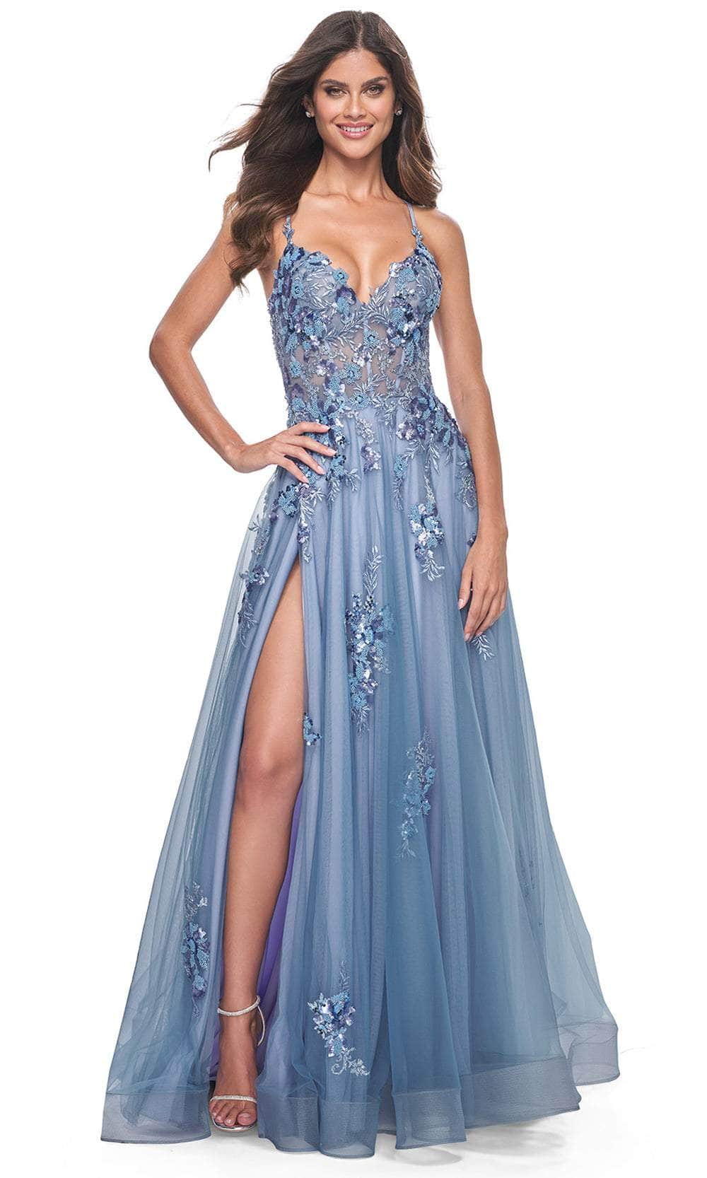 Image of La Femme 32057 - Open Back Applique Embellished Prom Gown