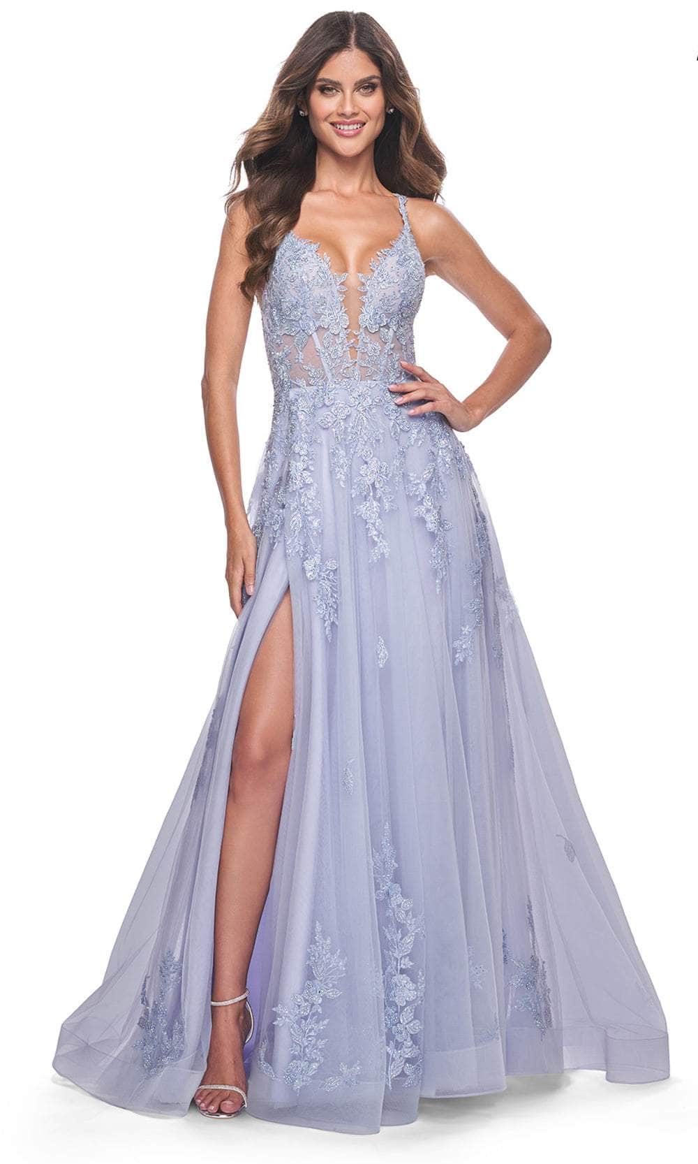 Image of La Femme 32062 - Lace Appliqued Plunging Prom Dress
