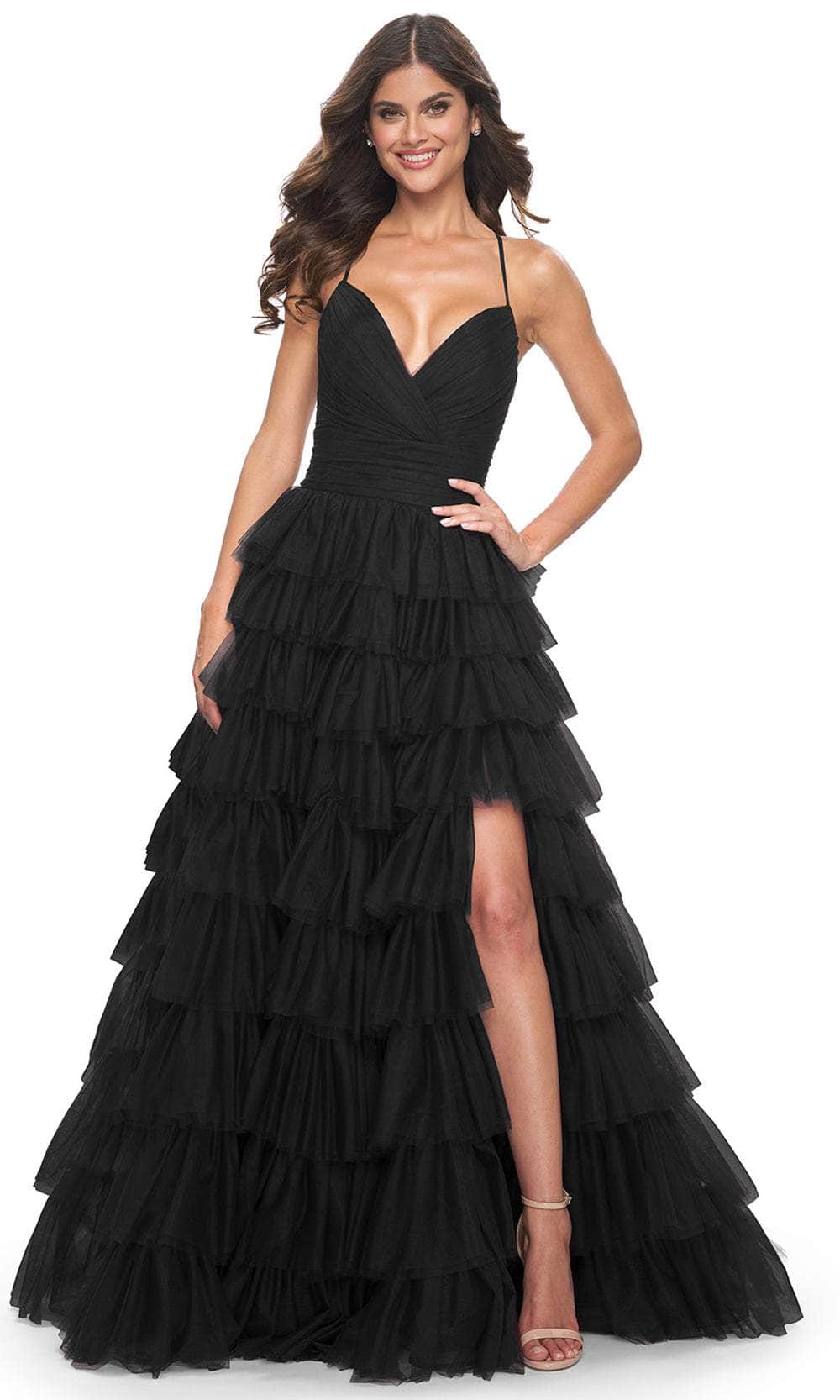 Image of La Femme 32086 - Surplice V-Neck Ruffled Prom Dress