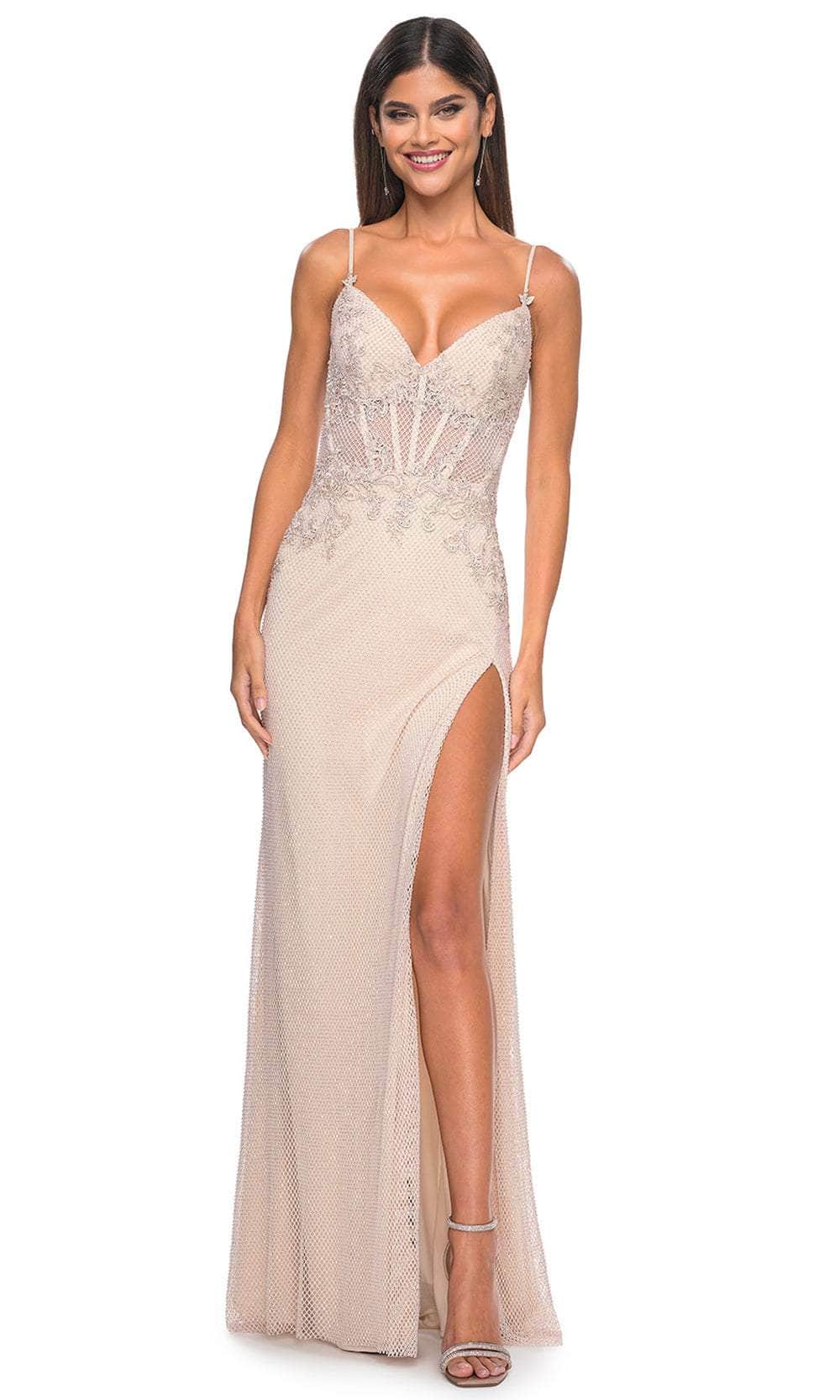 Image of La Femme 32292 - Deep V-Neck Sheer Corset Prom Gown