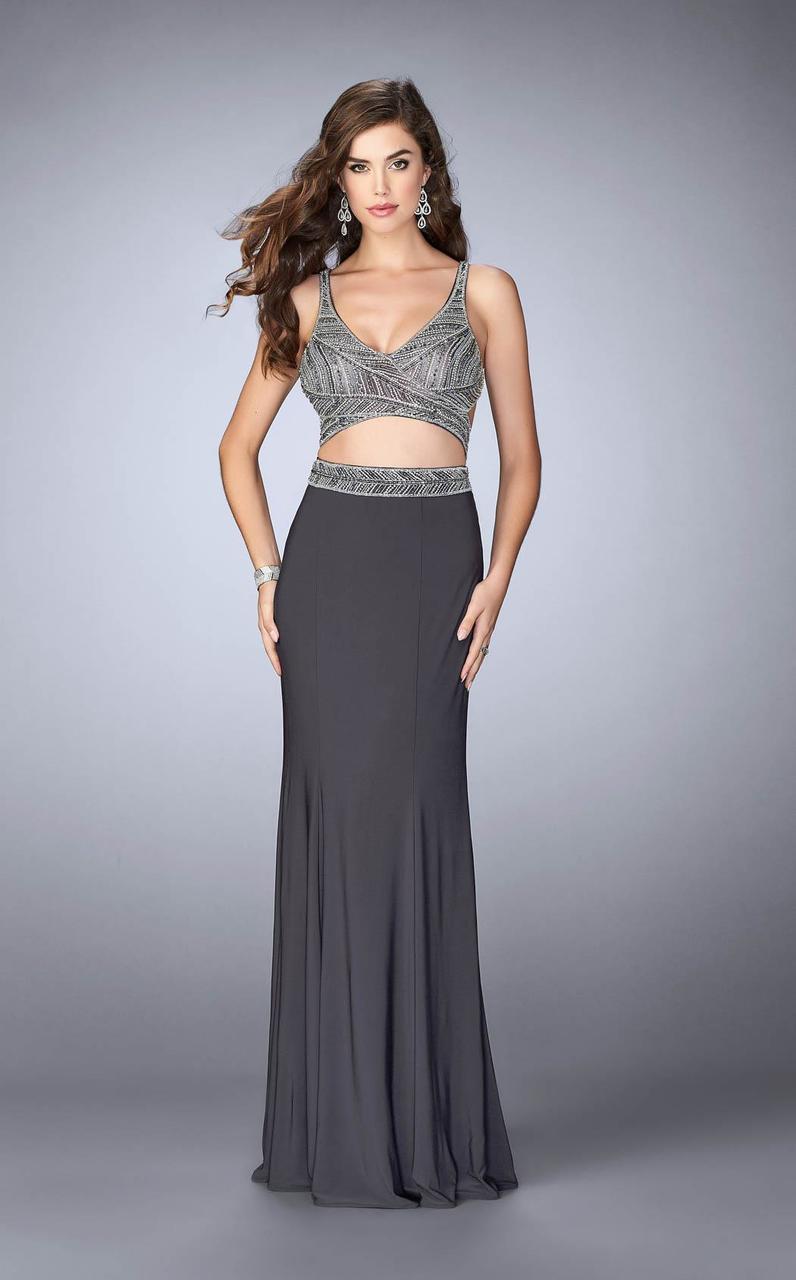 Image of La Femme Gigi - 23904 Beaded Crop Top and Jersey Skirt Long Dress