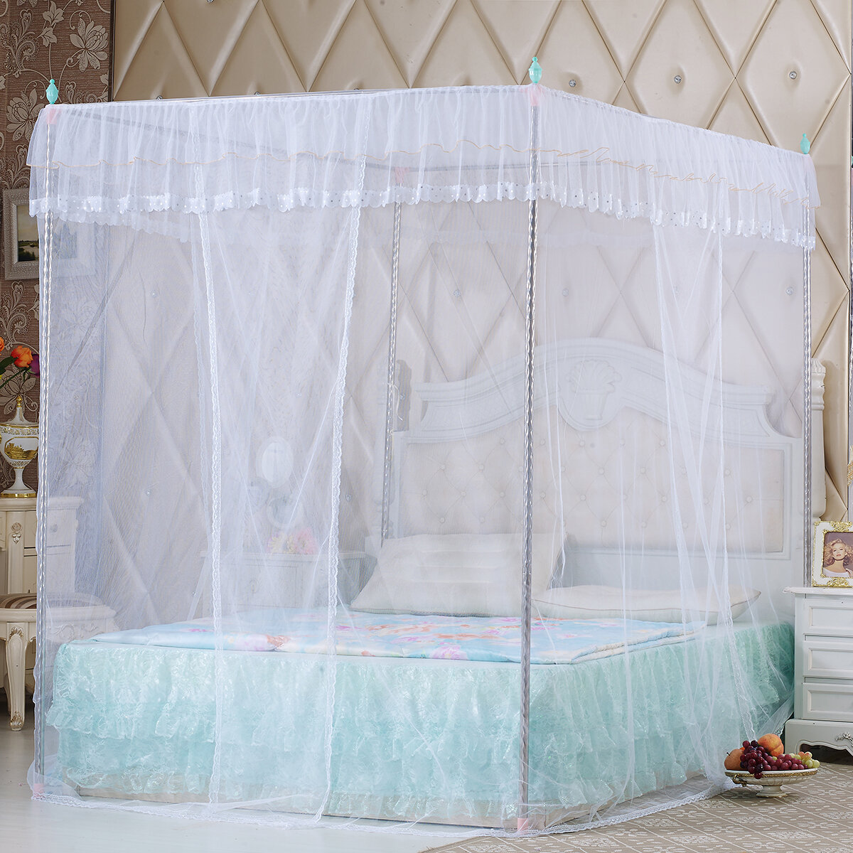 Image of Lace Bed Netting Canopy Anti-Mosquito Net Four Corner Post Queen King Sizes for Bathroom Textile