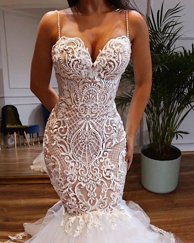 Image of Lace Dress Mermaid Wedding Dresses Spaghetti Strap Sweetheart Neckline Bridal Gowns Trumpet Beads Vestido De Novia