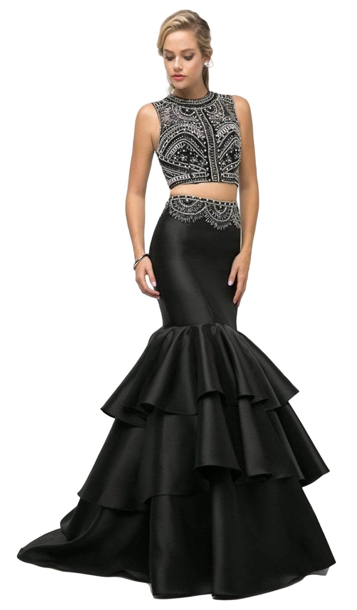 Image of Ladivine 83903 - Two Piece Embellished Tiered Mermaid Dress