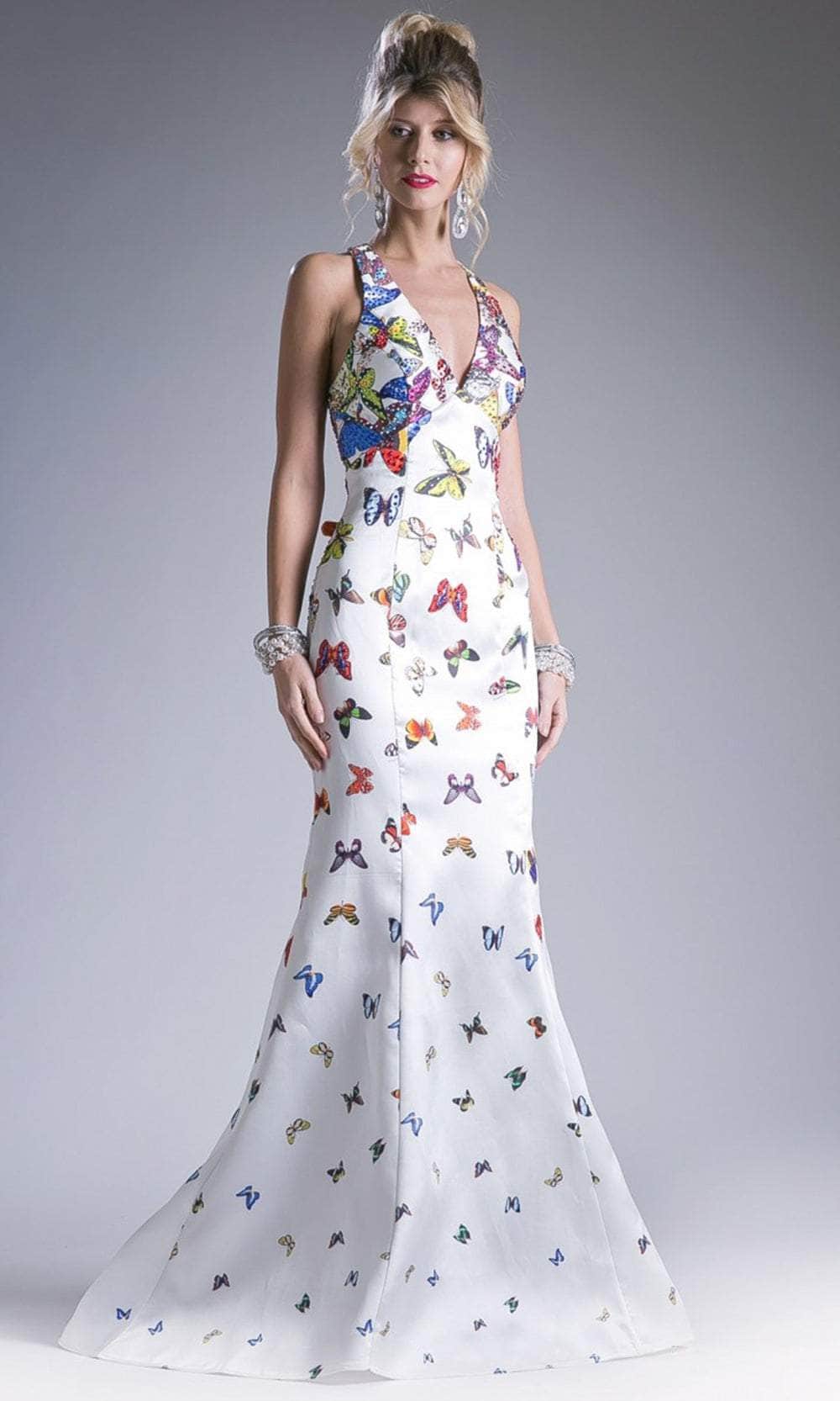 Image of Ladivine C80174ACD - Butterfly Print V-Neck Long Dress