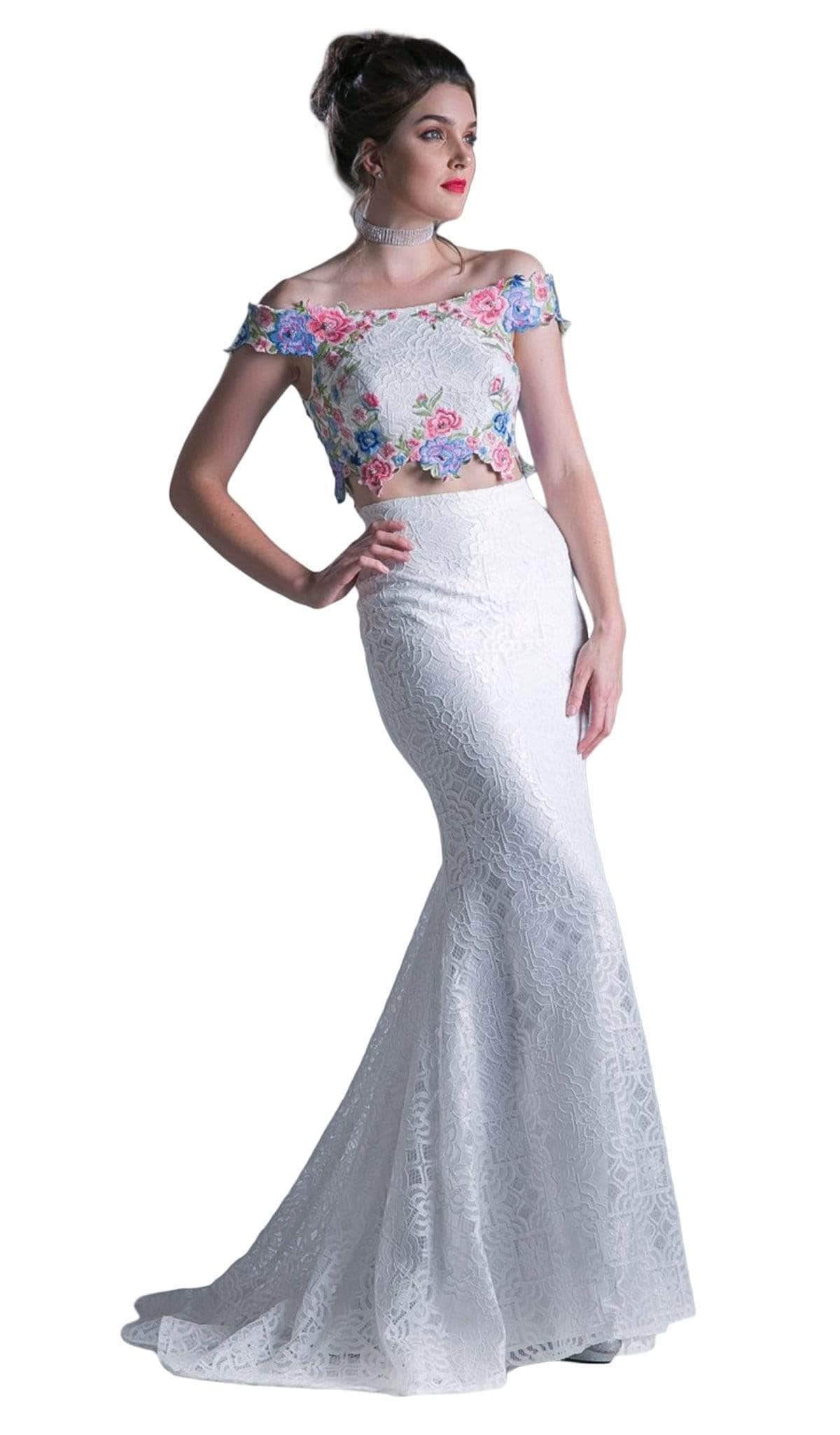 Image of Ladivine CA314 - Off-Shoulder Floral Embroidered Mermaid Gown