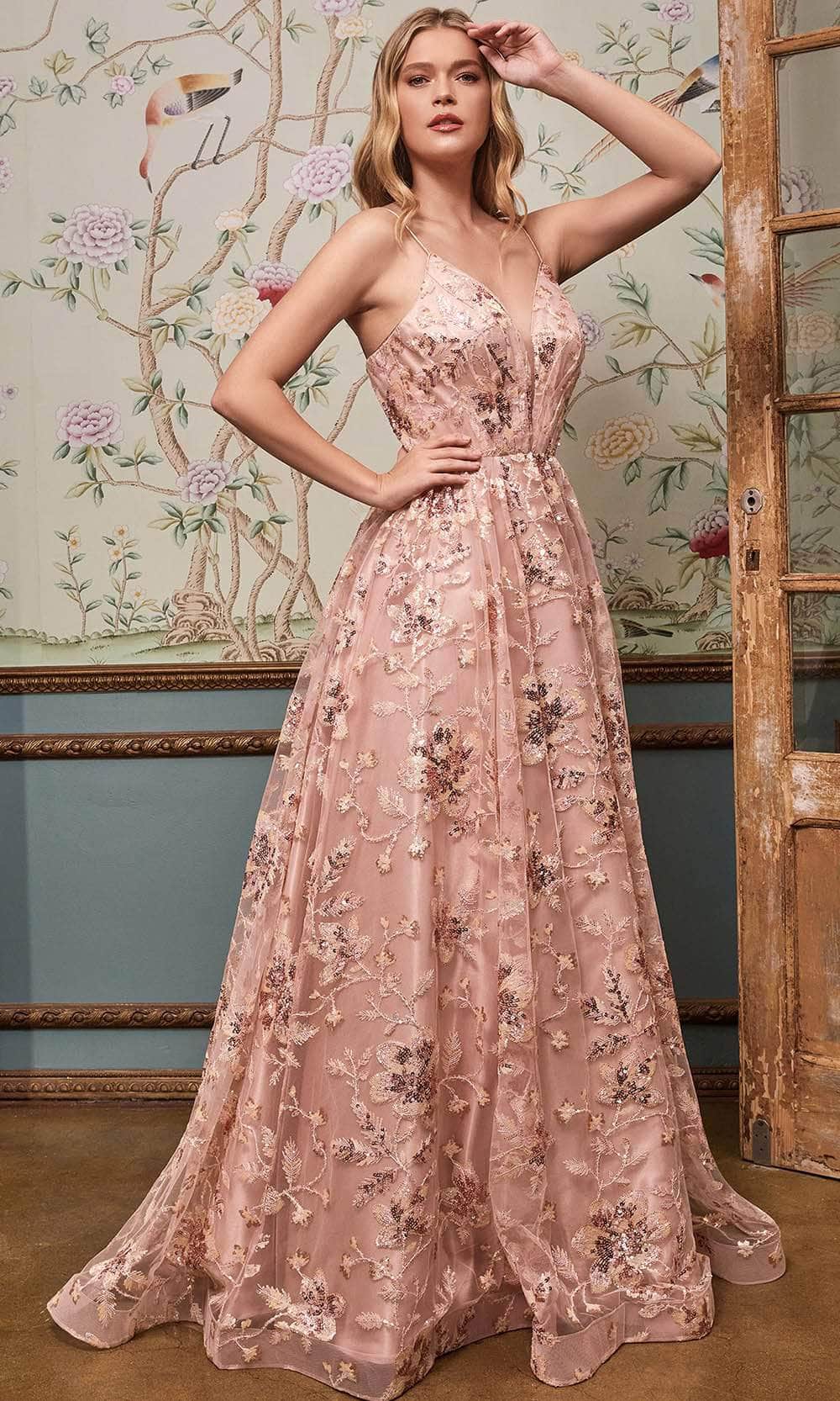 Image of Ladivine CB073 - Floral Sequin Print Long Dress