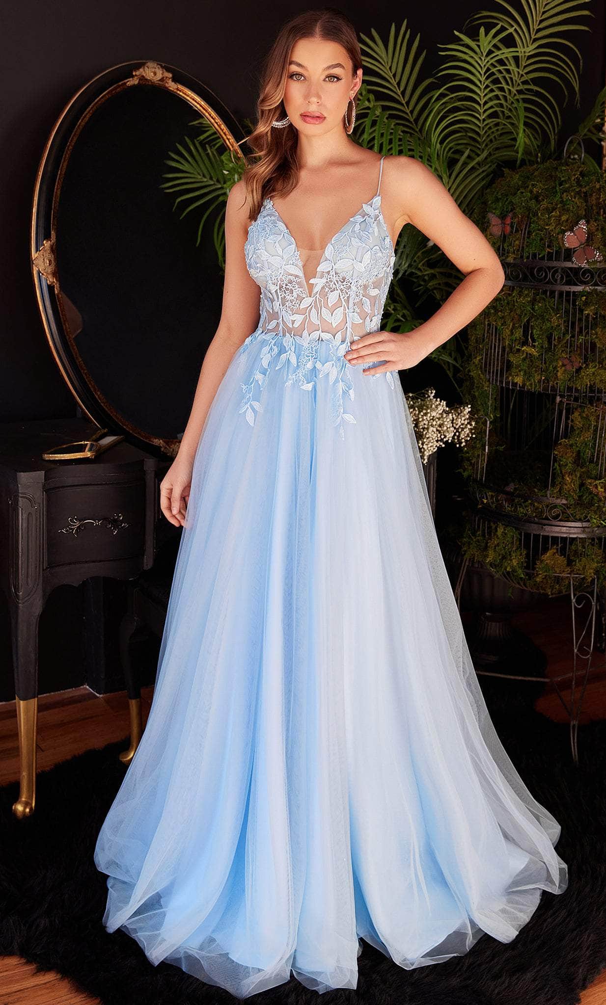 Image of Ladivine CD2214 - Plunging V-Neck Appliqued Classic Prom Gown