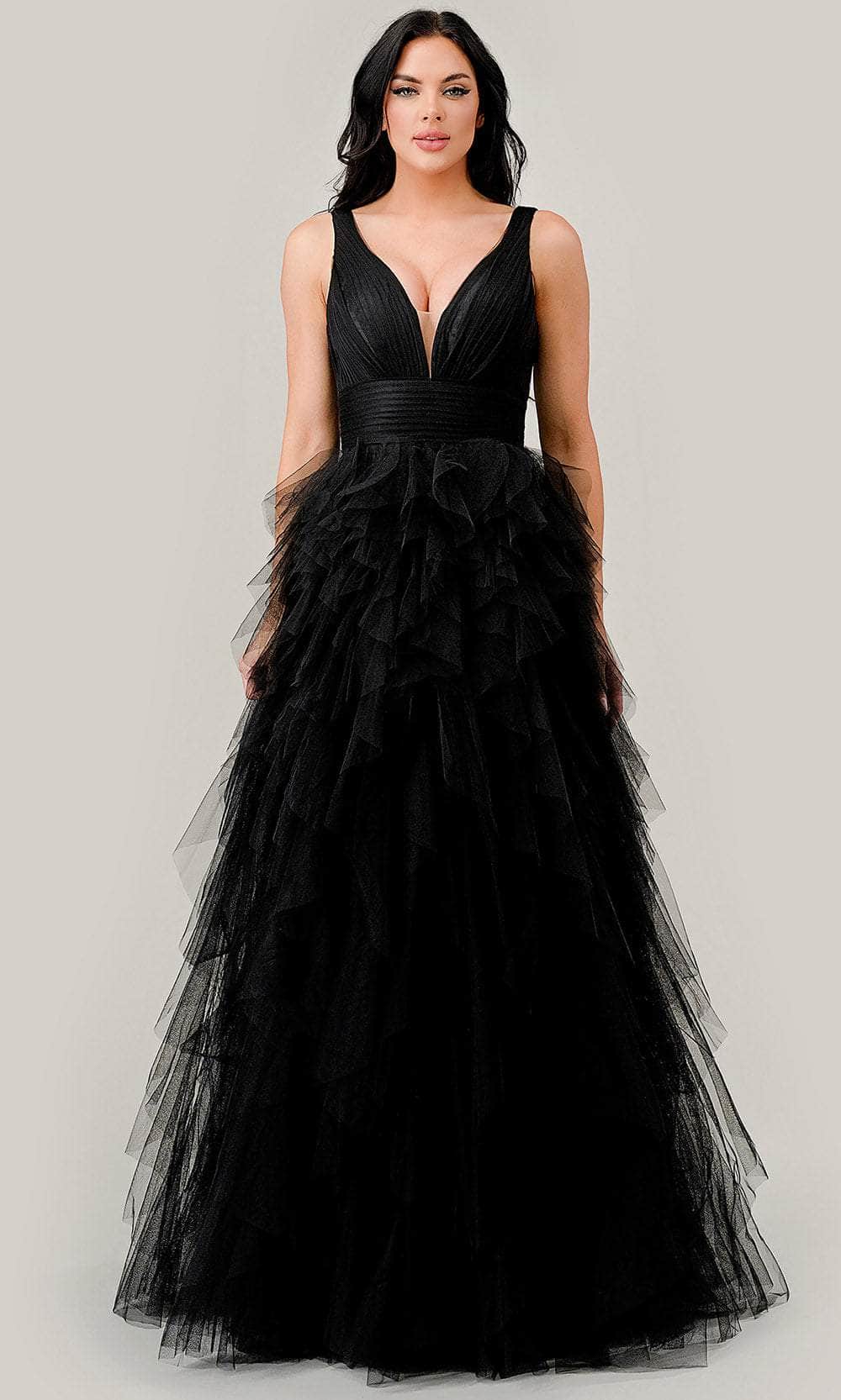 Image of Ladivine CD347 - Plunging V-Neck Ruched Detail Prom Gown
