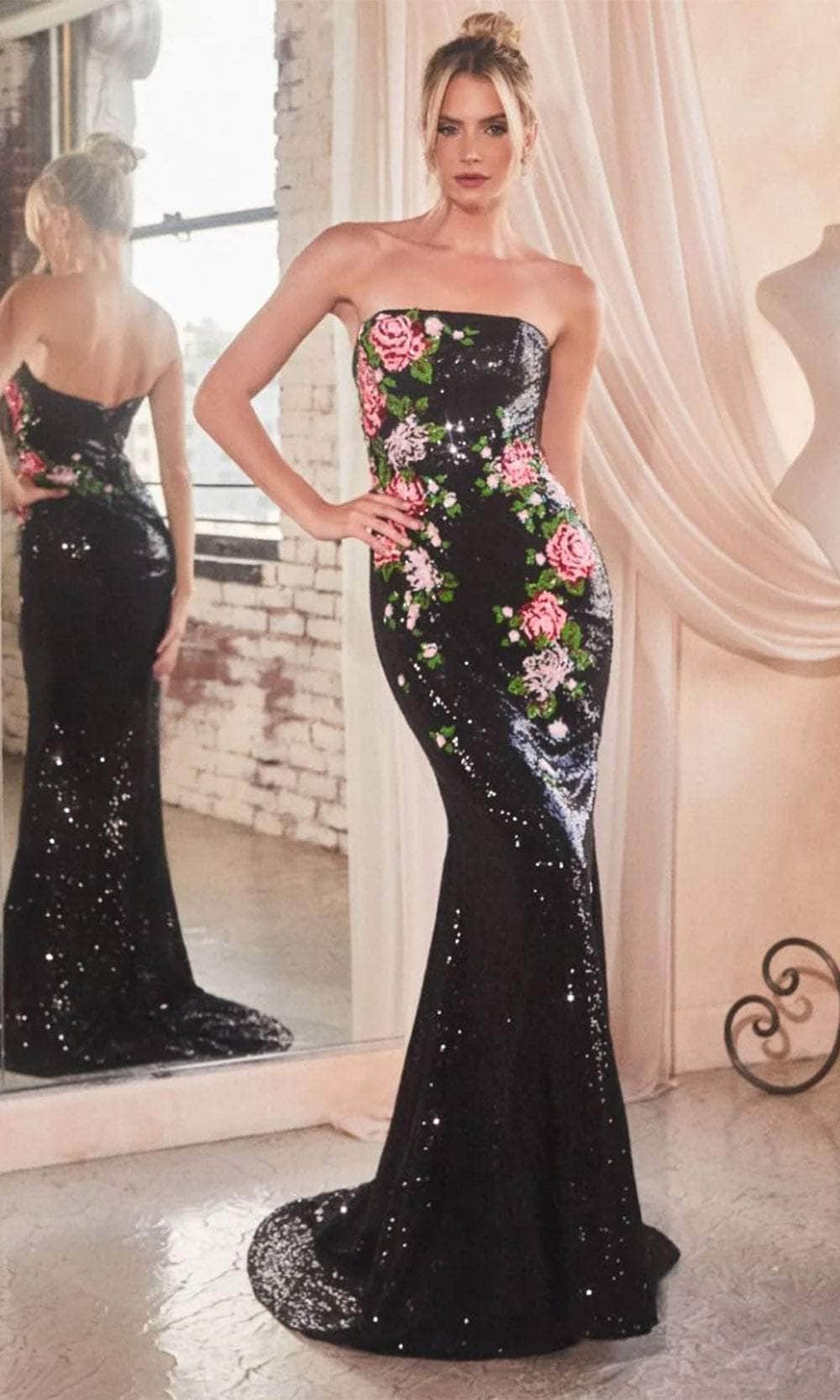 Image of Ladivine CD811 - Floral Embroidered Strapless Prom Gown