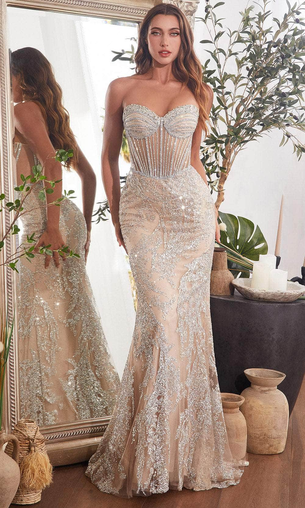 Image of Ladivine CD847 - Rhinestone Embellished Sheer Corset Prom Gown