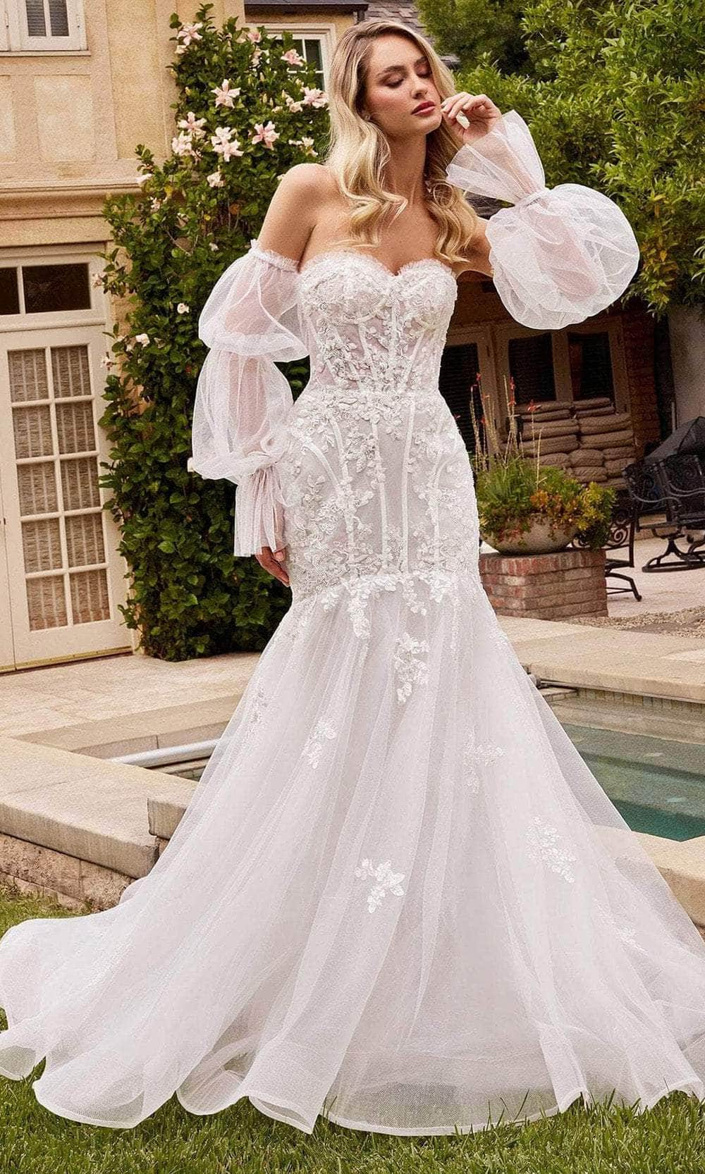 Image of Ladivine CD858W - Puff Sleeve Bridal Gown