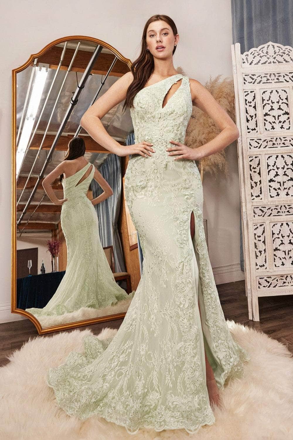 Image of Ladivine CD973 - Fitted Cut-out Bodice Lace Long Gown
