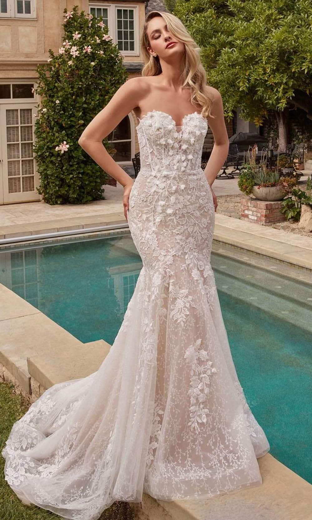 Image of Ladivine CDS431W - Floral Applique Embellished Mermaid Bridal Gown