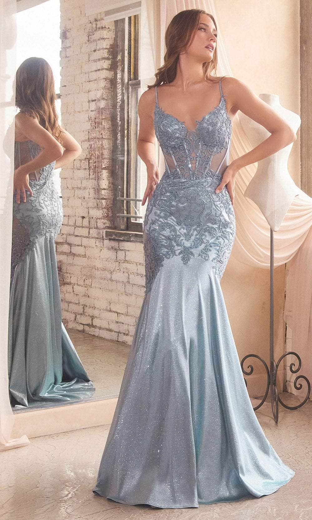 Image of Ladivine CDS470 - Beaded Appliqued Illusion Evening Gown