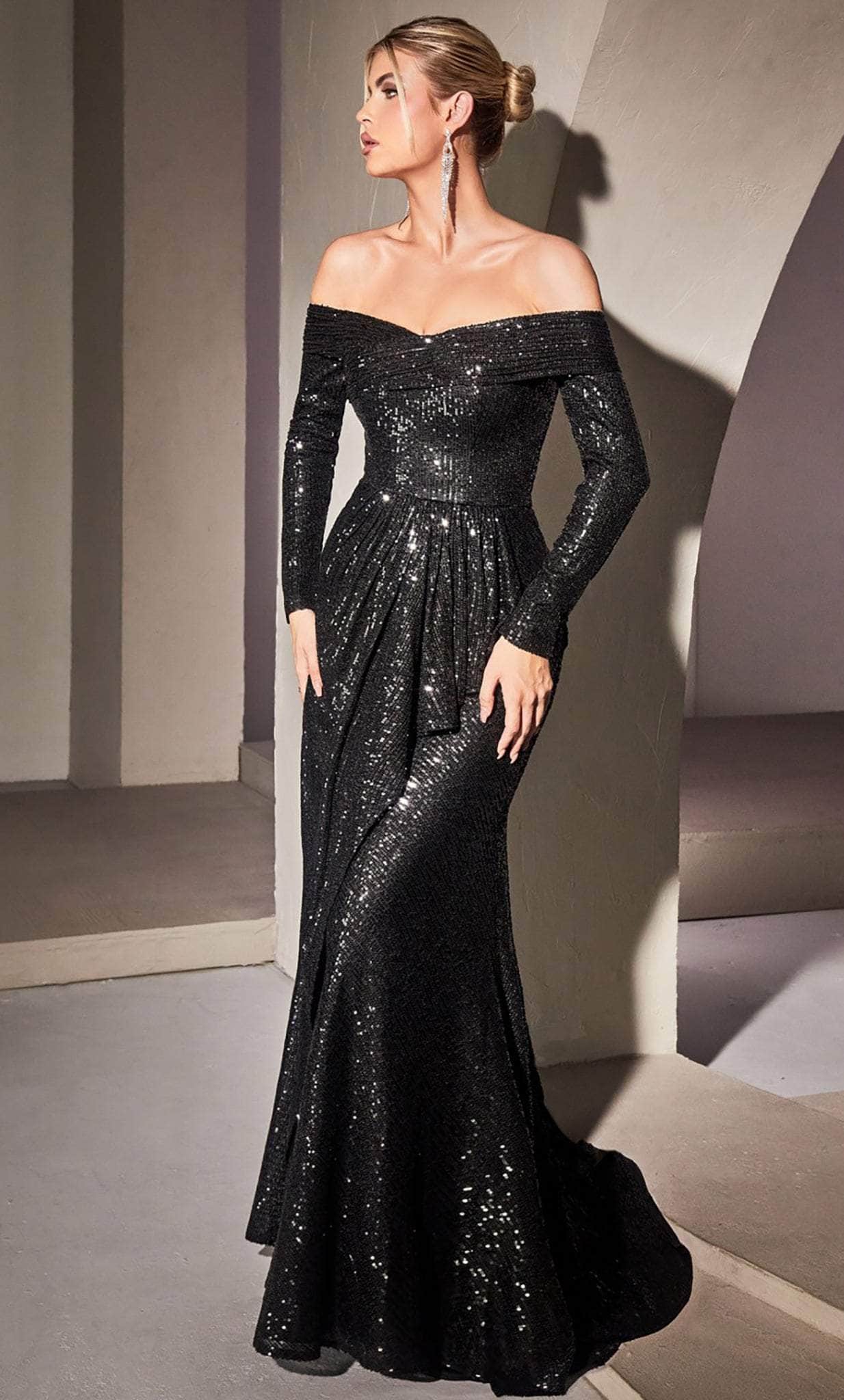 Image of Ladivine CH135 - Draped Sequin Evening Gown