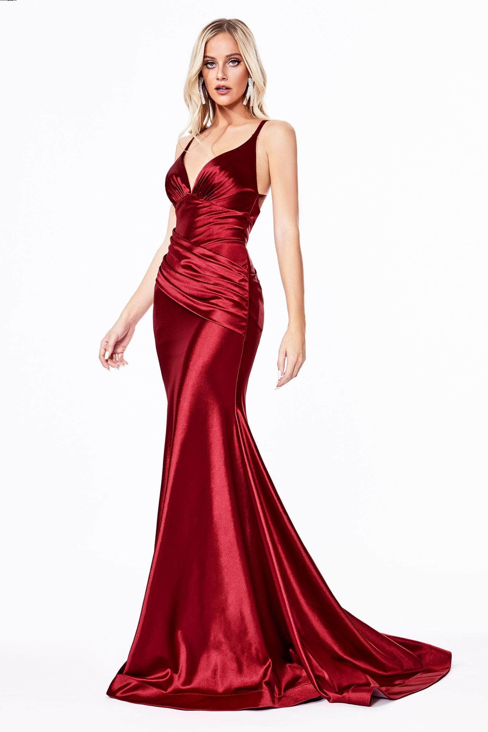 Image of Ladivine CH236 - Open Back Ruched Satin Long Gown