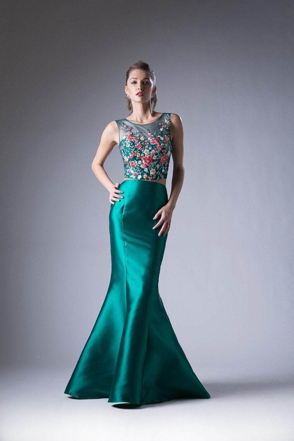 Image of Ladivine HW03 - Floral Appliqued Two Piece Mermaid Gown