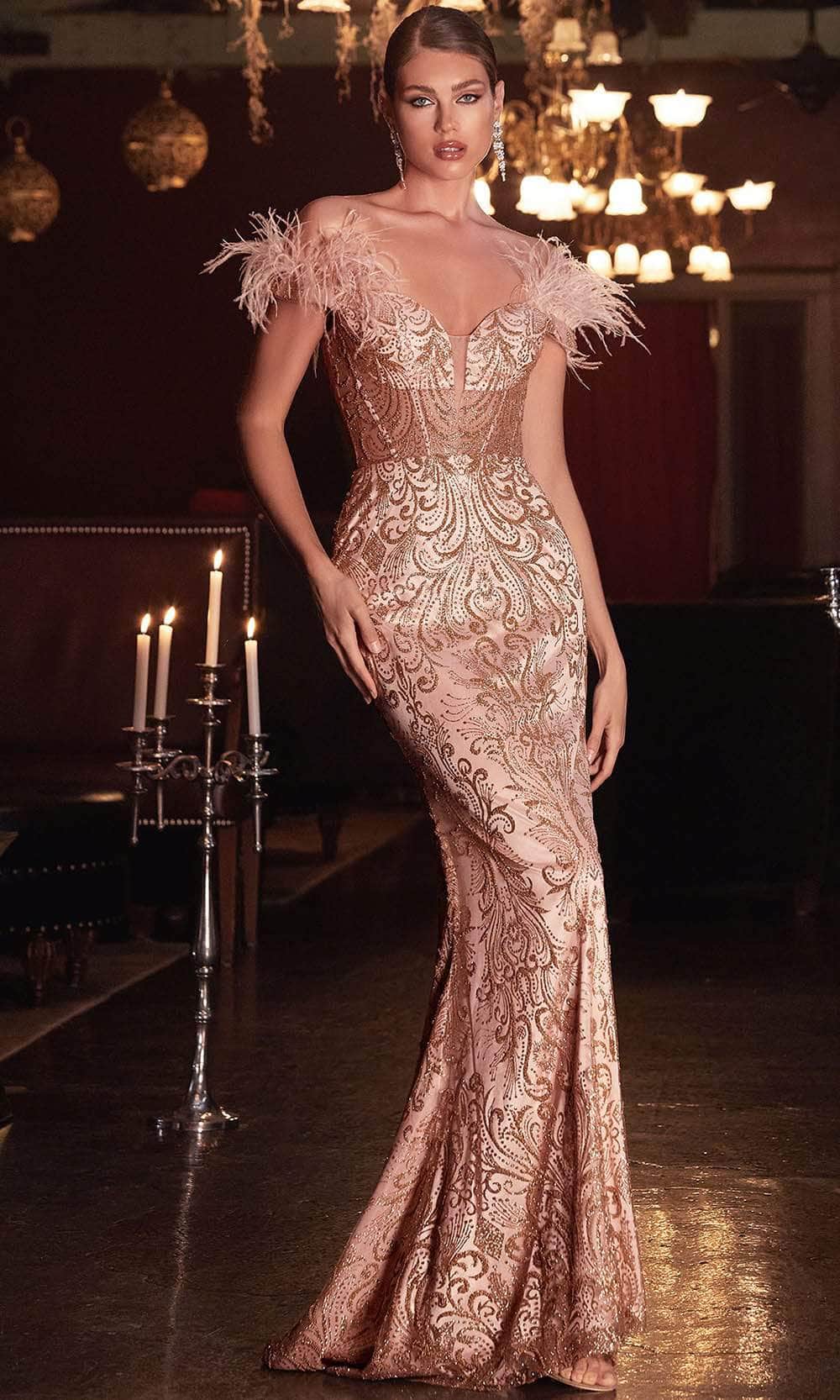 Image of Ladivine J824 - Off The Shoulder Feathered Trumpet Gown