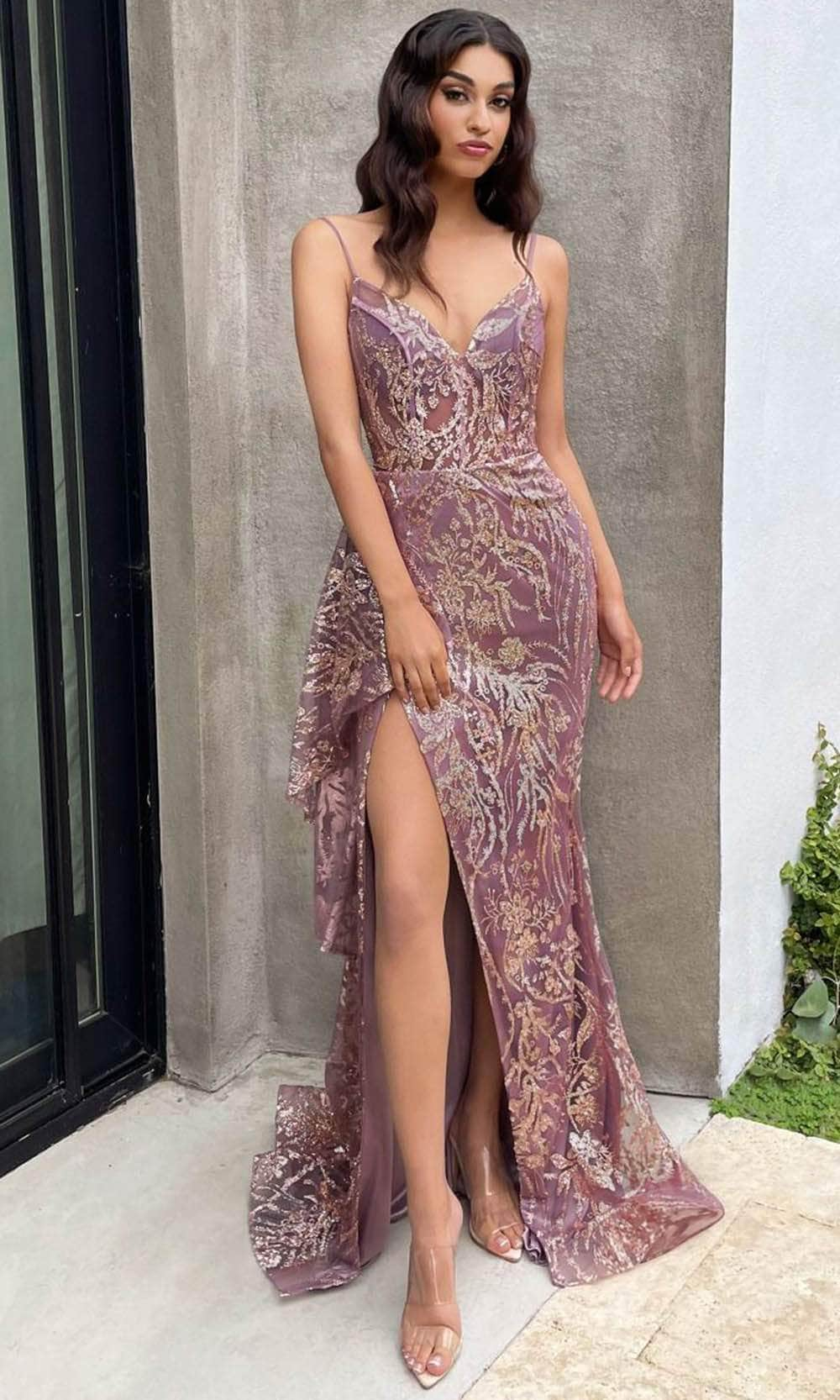 Image of Ladivine J856 - Glitter Print High Slit Gown