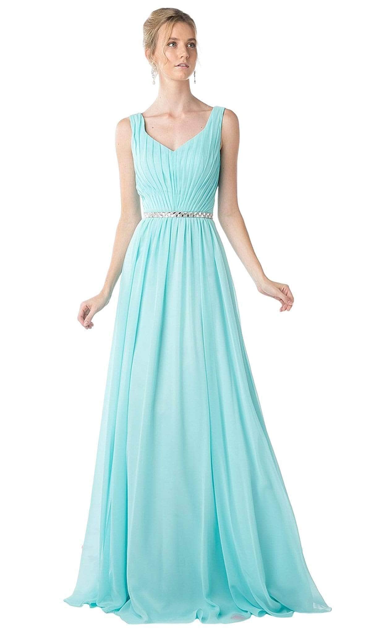 Image of Ladivine W0014 - Pleated V-Neck Bodice A-Line Gown