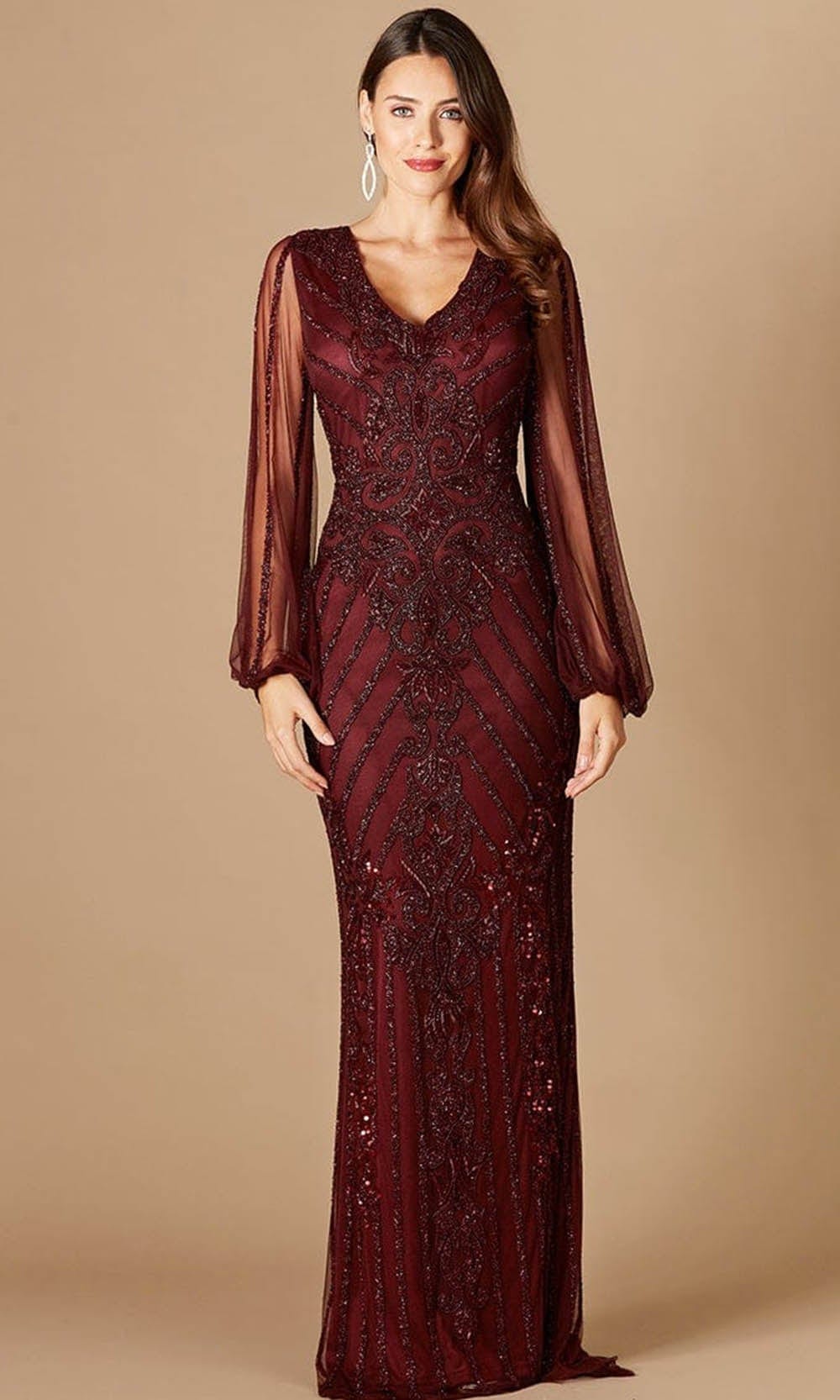 Image of Lara Dresses 29369 - Bishop Sheer Sleeves Beaded Long Dress