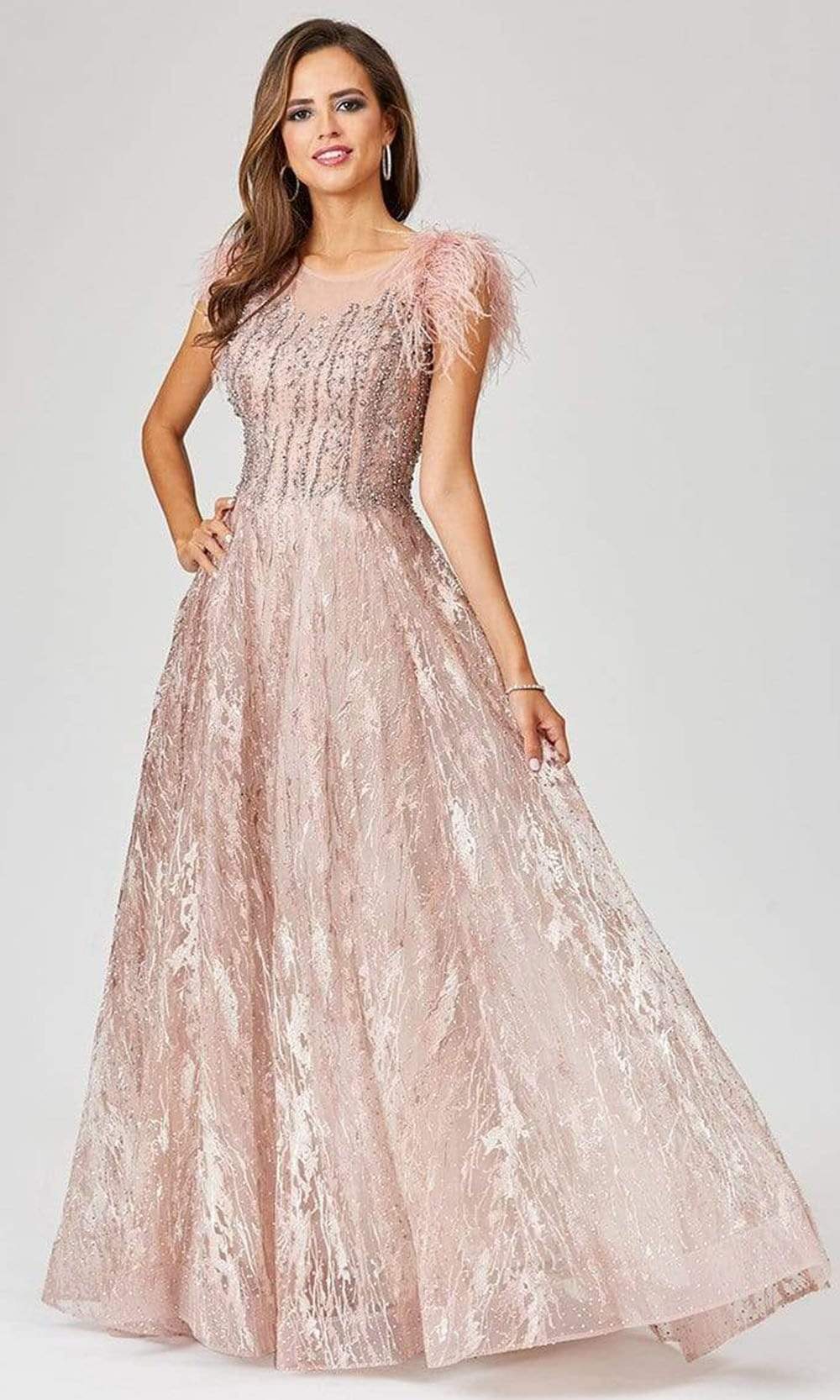 Image of Lara Dresses - 29475 Feather-Fringed Cap Sleeve Embroidered Gown