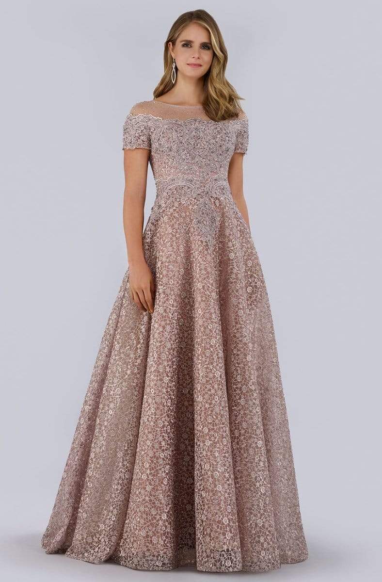 Image of Lara Dresses - 29765 Short Sleeve Bead Embroidered Long Evening Gown