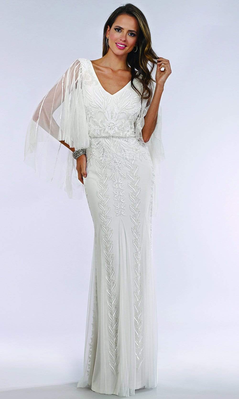 Image of Lara Dresses - 51046 Sheer Cape Sleeve Embellished Sheath Bridal Dress