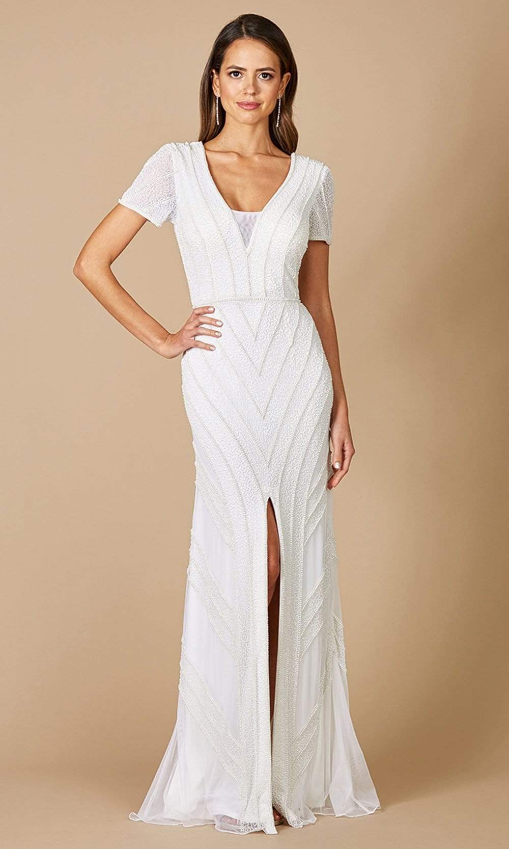 Image of Lara Dresses - 51078 Short Sleeve High Slit Bridal Gown