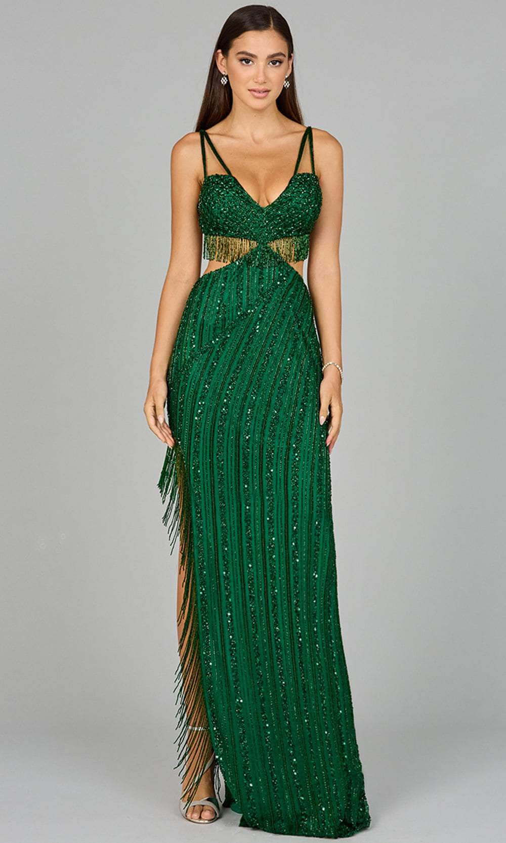 Image of Lara Dresses 9957 - Beaded V-Neck Prom Dress with Fringes