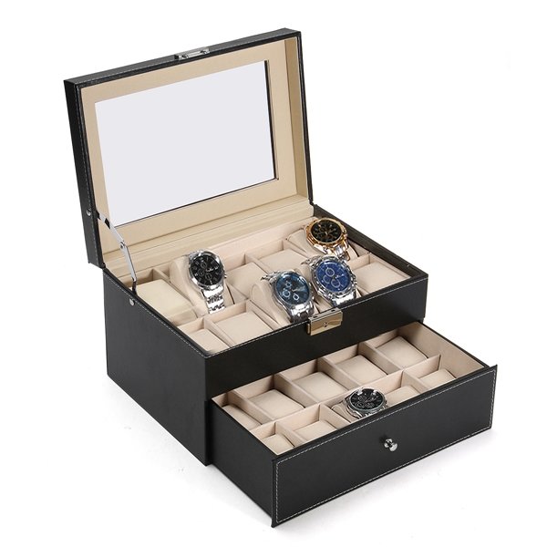 Image of Large 20 Slot Wrist Watch Display Box Black Leather Watch Case Organizer Glass Top