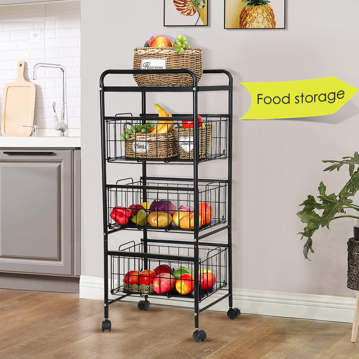 Image of Large 2/3/4/5 Tier Kitchen Fruit Vegetable Holder Storage Trolley Basket Rack