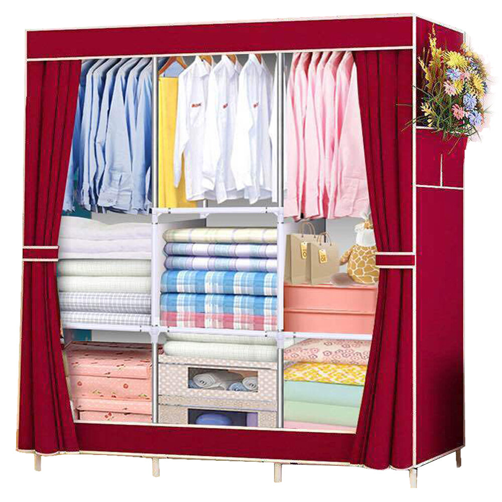 Image of Large Canvas Fabric Wardrobe With Hanging Rail Shelving Clothes Storage Cupboard