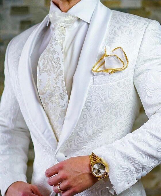 Image of Latest Design Groom Tuxedos Side Vent White Paisley Shawl Lapel Wedding Clothes Men Party Prom Suits Coat Trouses Sets K 82