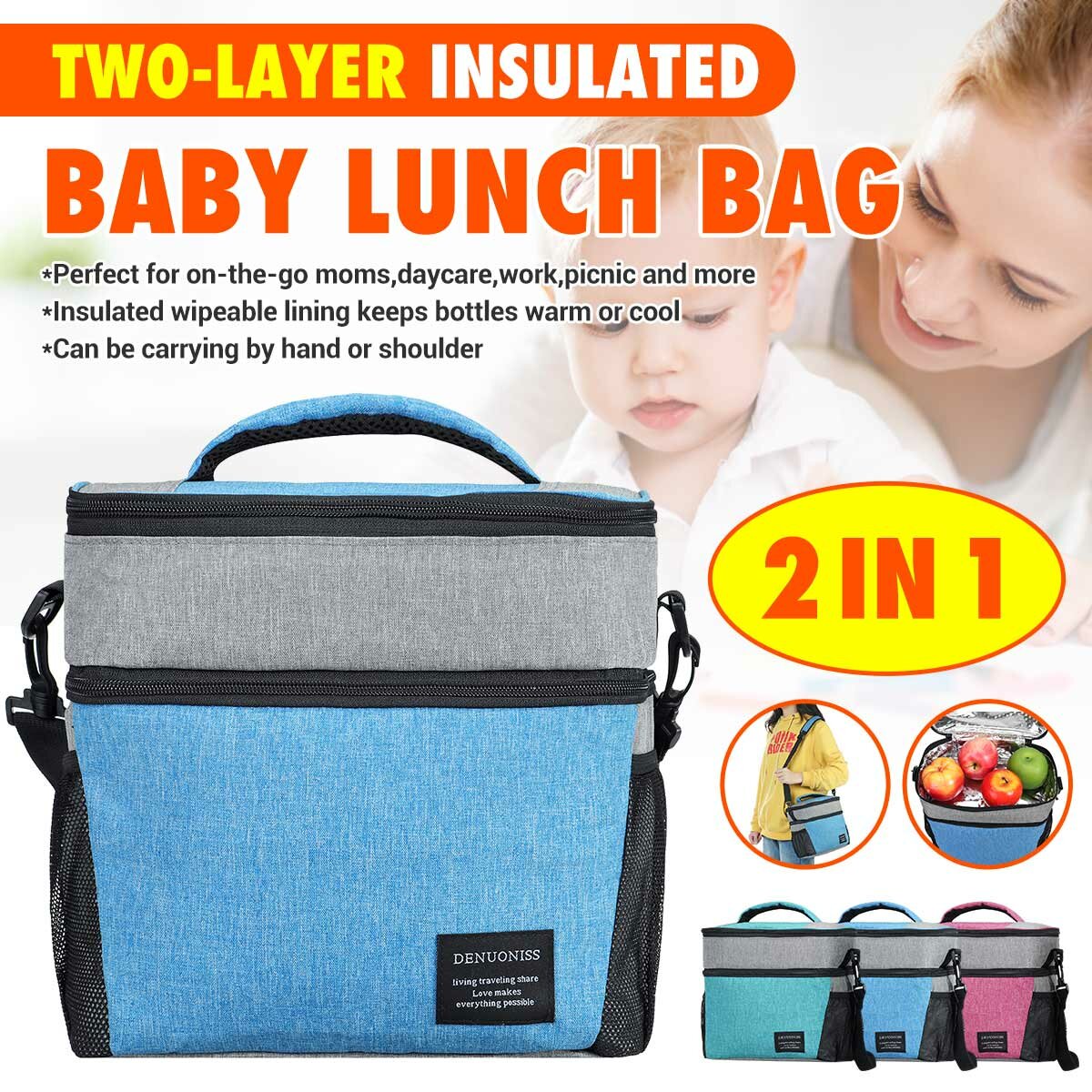 Image of Leakproof Two-Layer Insulated Lunch Bag Picnic Food Storage Bags