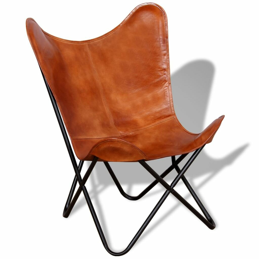 Image of Leather Living Room Chairs-Butterfly Chair Brown Leather Butterfly Chair-Handmade with Powder Coated Folding Iron Frame