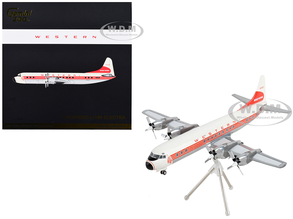 Image of Lockheed L-188 Electra Commercial Aircraft "Western Airlines" White with Red Stripes "Gemini 200" Series 1/200 Diecast Model Airplane by GeminiJets