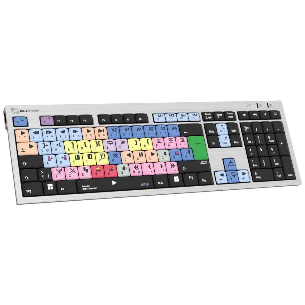 Image of Logickeyboard Avid Media Composer Slim Corded Keyboard German QWERTZ Grey Multimedia buttons USB hub Quiet keypad