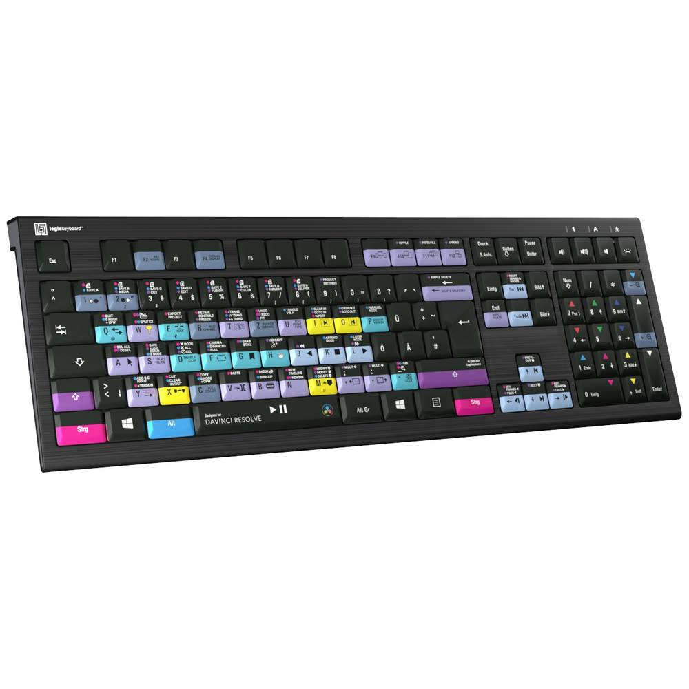 Image of Logickeyboard Davinci Resolve Astra Corded Keyboard German QWERTZ Black Multimedia buttons USB hub Quiet keypad