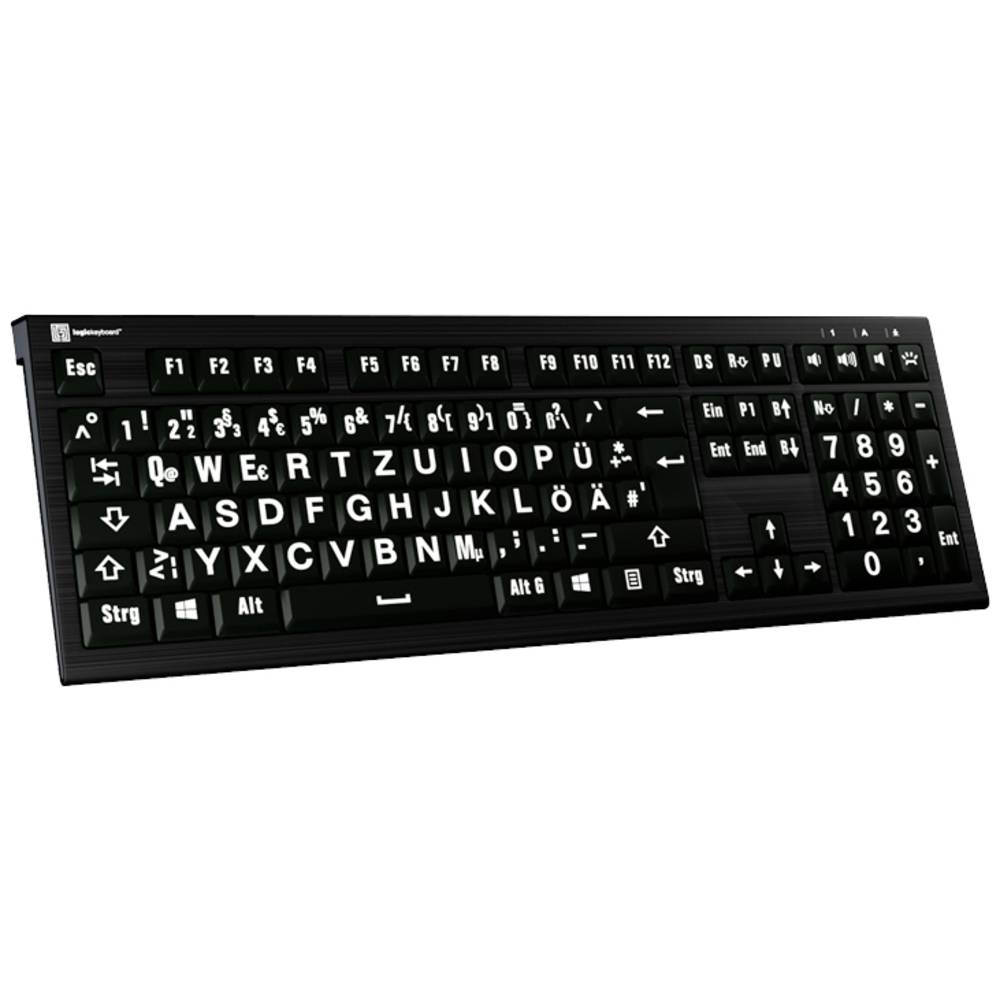 Image of Logickeyboard XL-Print Corded Keyboard German QWERTZ Black Multimedia buttons USB hub Quiet keypad