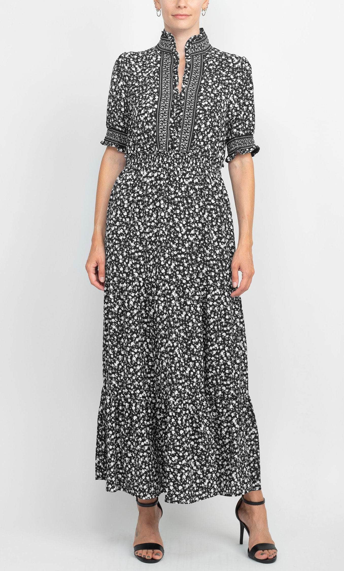 Image of London Times T5675M - Floral Printed Puff Sleeves Long Dress