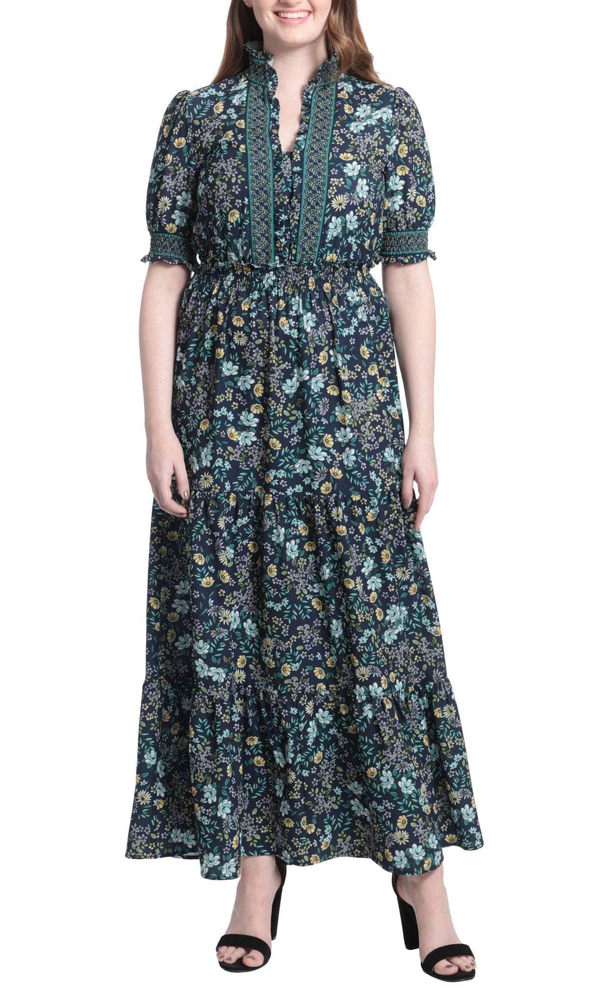 Image of London Times T6141M - Banded Puff Sleeve Long Dress