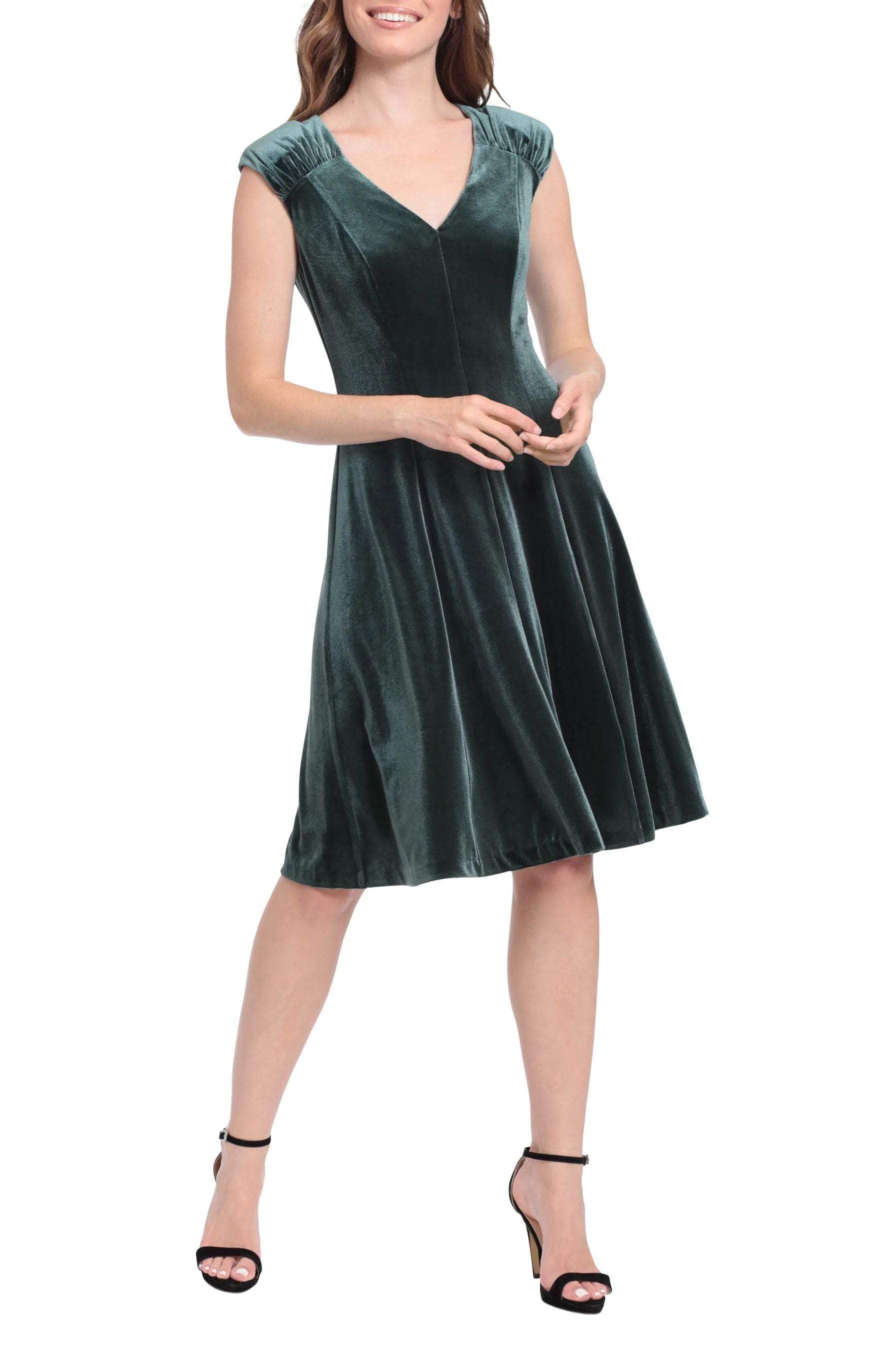 Image of London Times T6501M - Velvet Ruched Cap Sleeve Cocktail Dress