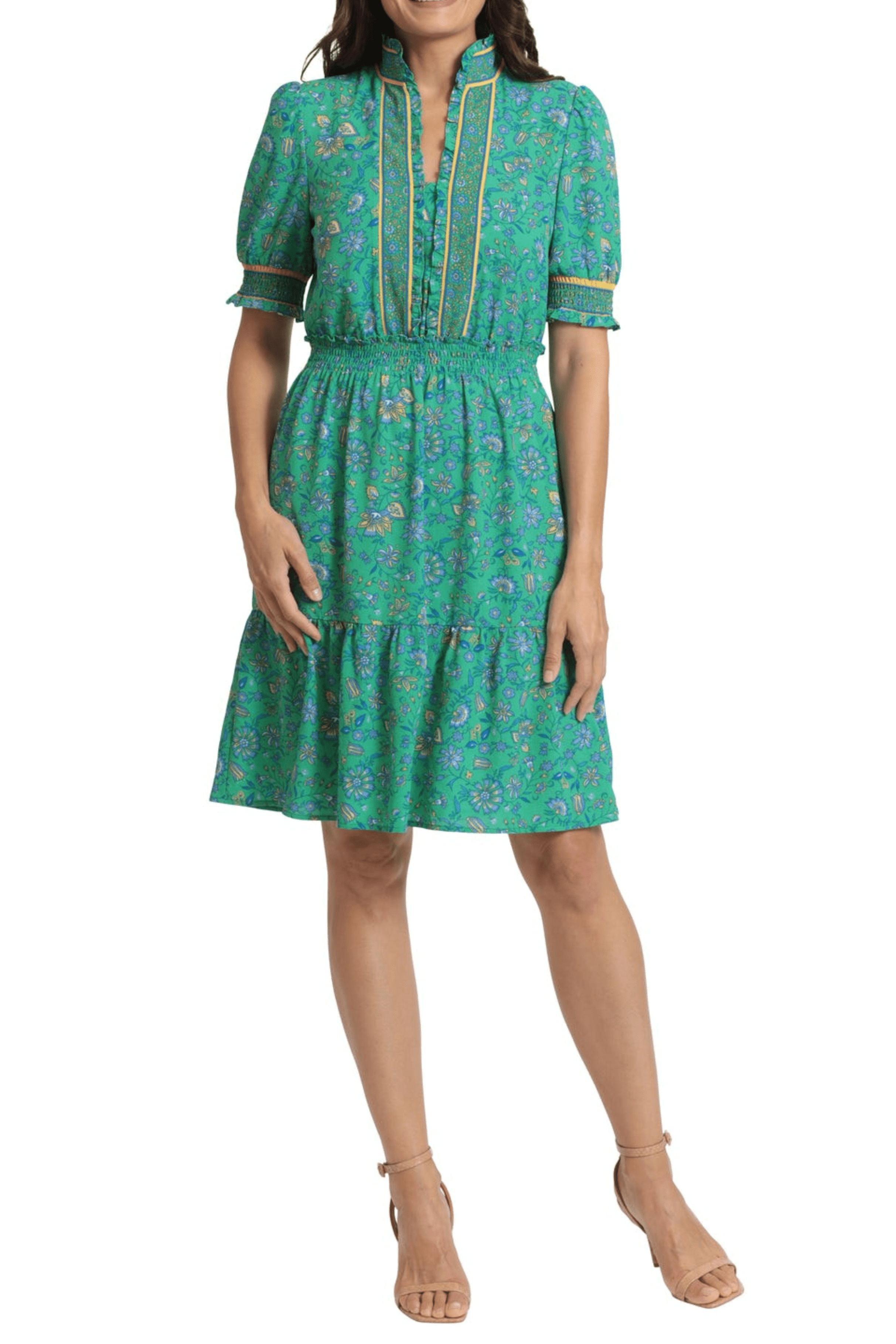 Image of London Times T6656M - Smocked Short Sleeve A-Line Cocktail Dress