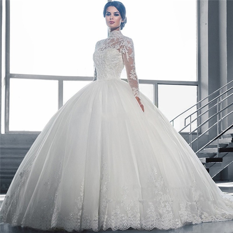Image of Long Sleeve Muslim Wedding Dress Princess High Neck Luxury Ball Gown Wedding Dresses Lace Appliques Winter Vestido de noiva Custom Made