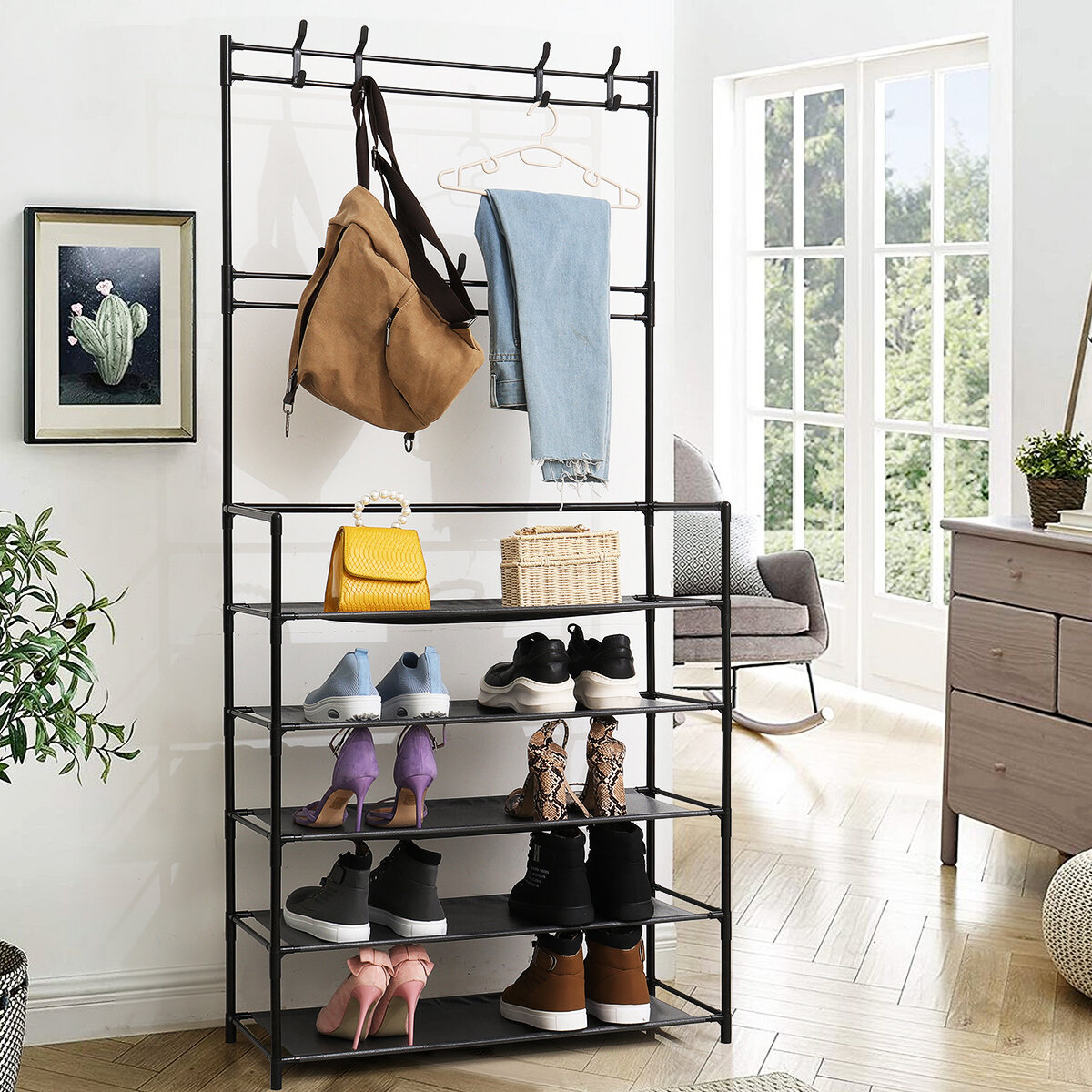 Image of Lusimo Industrial Coat Rack Shoe Bench Metal with Storage Shelf Entry Hallway Home